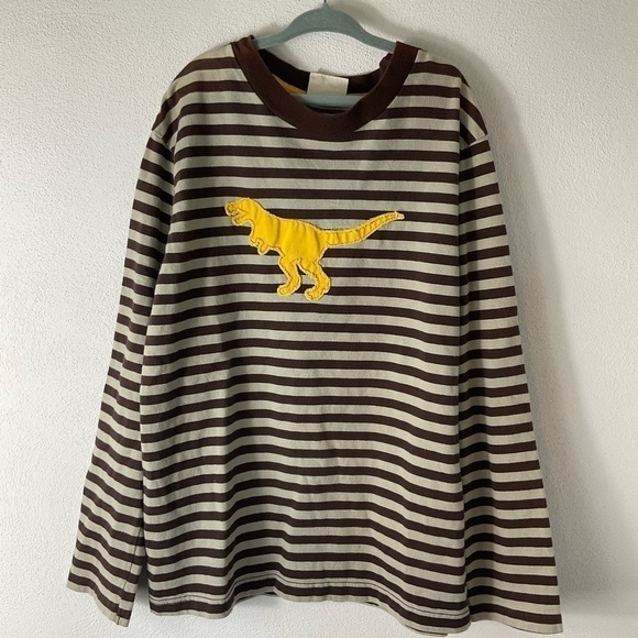 Mini Boden Tan Brown Dinosaur Striped Shirt Sz 9-10 - Picture 1 of 4